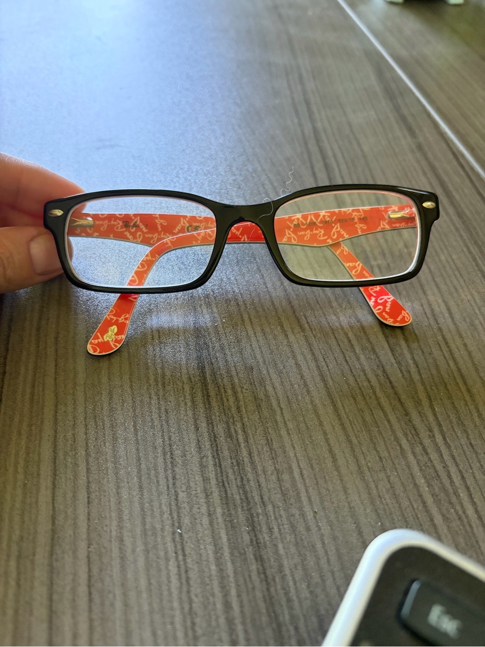Black RayBan Rectangular Glasses with Red Script Temples